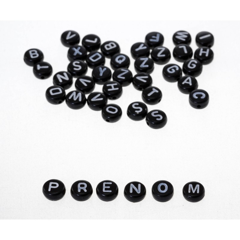 Lot de 50 à 200 perles alphabet rondes noires en acrylique de 7mm - lettres aléatoires - choix de quantité 
