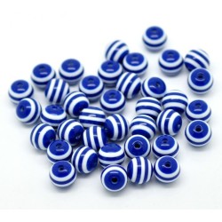 Lot de 10 perles en résine bleu marine et blanc rayées - diamètre 10mm, trou 1,8mm pour bijoux DIY