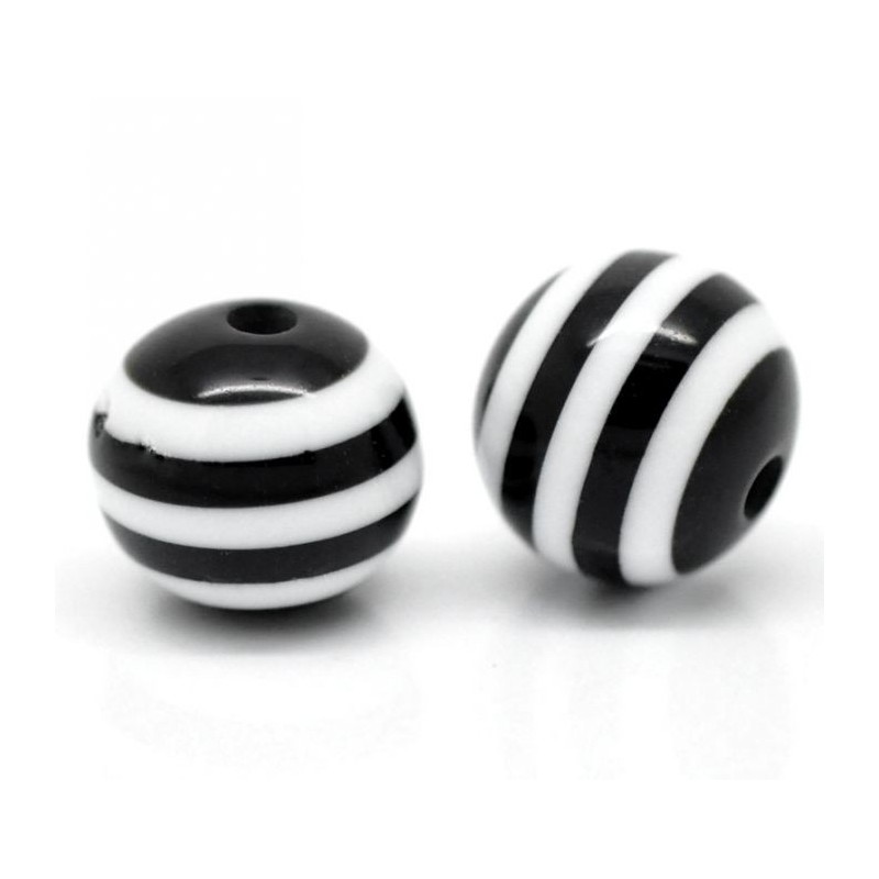 Lot de 10 perles en résine rayées noir et blanc de 10mm - idéales pour vos créations - trou de 2mm - quant
