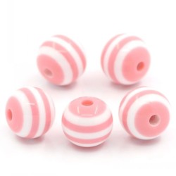 Lot de 10 perles en résine rayées rose et blanc de 10mm avec trou de 2mm - Idéal pour vos créations de bij