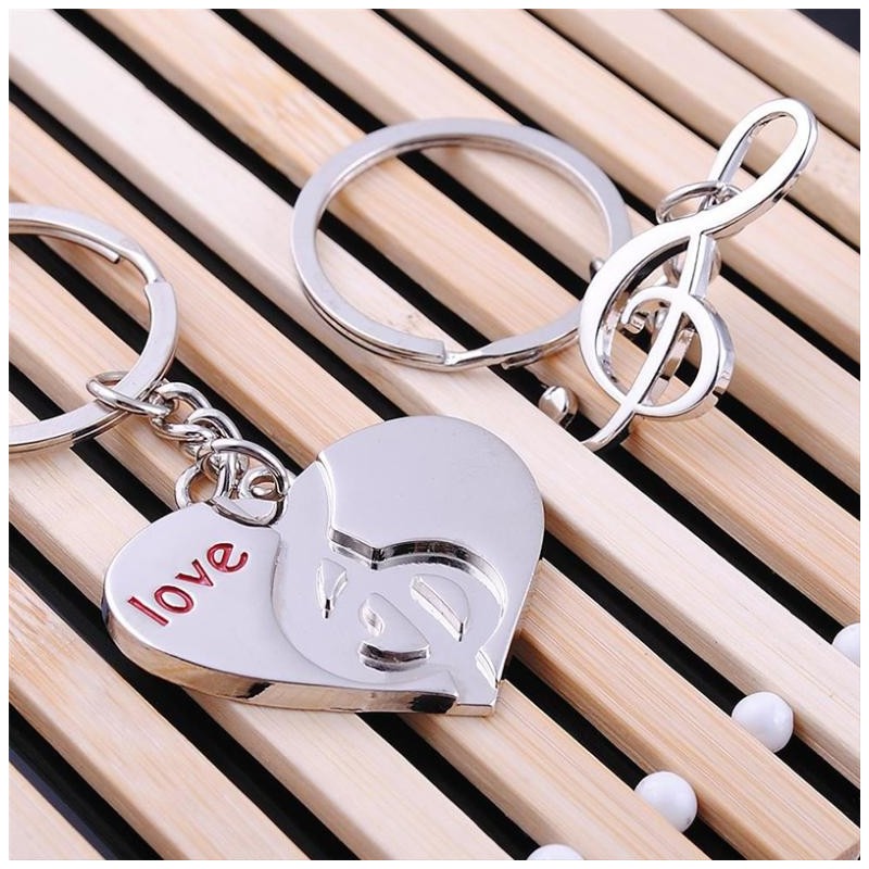 Porte-clés couple en forme de cœur et note de musique - lot de 2 en métal argenté (78mm)