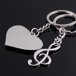 Porte-clés couple en forme de cœur et note de musique - lot de 2 en métal argenté (78mm)