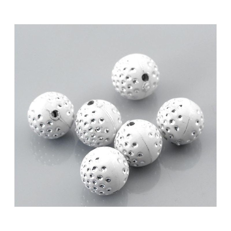 Lot de 10 perles acryliques blanches 12mm avec point argenté - idéales pour bijoux - diamètre de trou 2mm