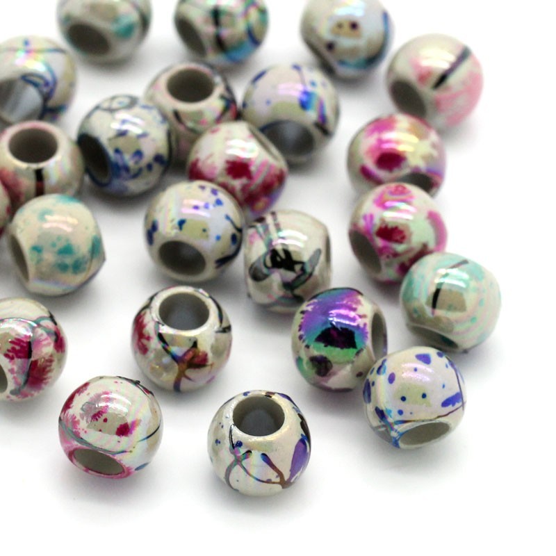 Lot de 20 perles acryliques marbrées rayées 8mm avec grand trou de 4mm - couleurs mixtes