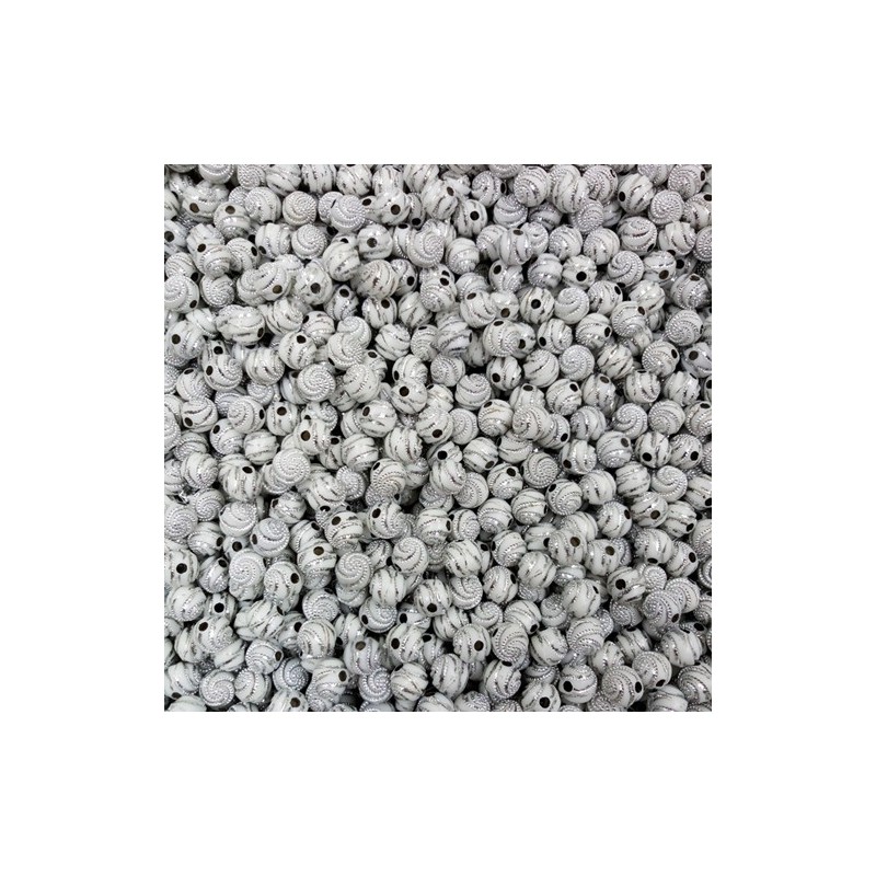 Lot de 20 perles blanches en acrylique de 8mm avec point argenté en spirale - diamètre de trou de 1,5mm.