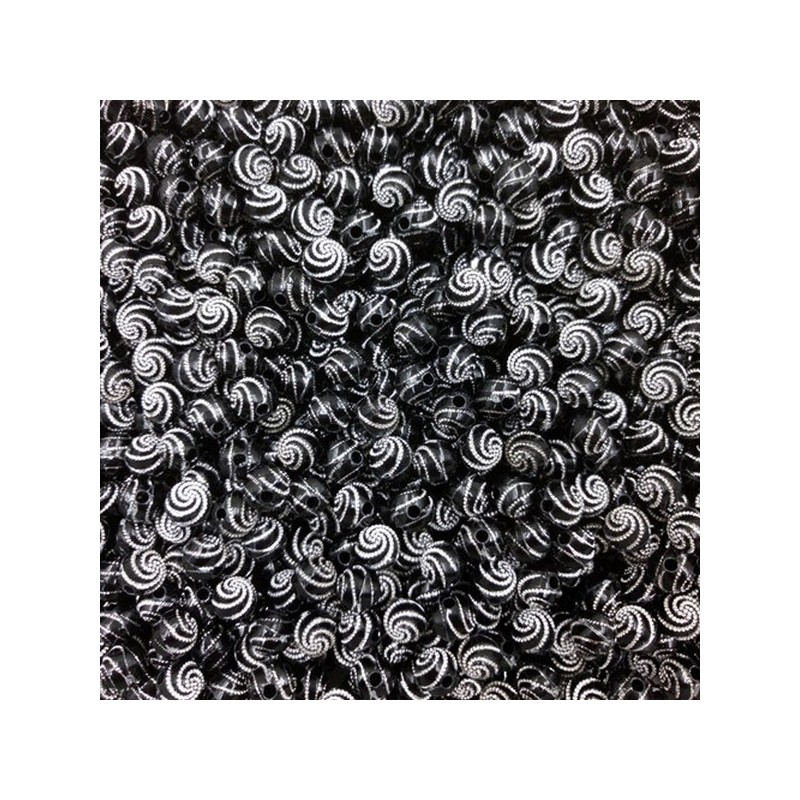 Lot de 20 perles noires en acrylique de 8mm avec point argenté en spirale - diamètre de trou de 1,5mm.