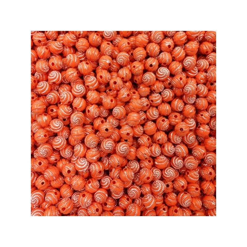 Lot de 20 perles 8mm orange en acrylique avec point argenté en spirale - diamètre de trou de 1,5mm inclus