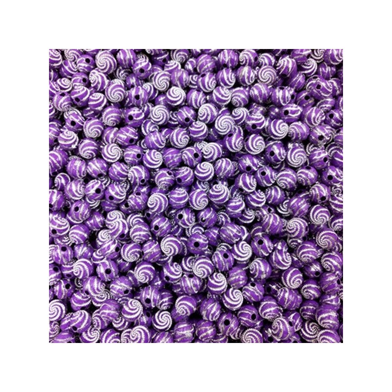 Lot de 20 perles violettes en acrylique de 8mm avec point argenté en spirale - diamètre de trou de 1,5mm inc