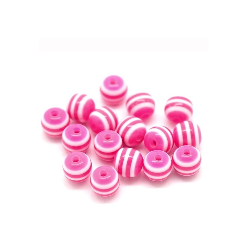 Lot de 30 perles rondes en acrylique fuchsia rayé - diamètre 6mm, idéal pour vos créations - trou de 1mm