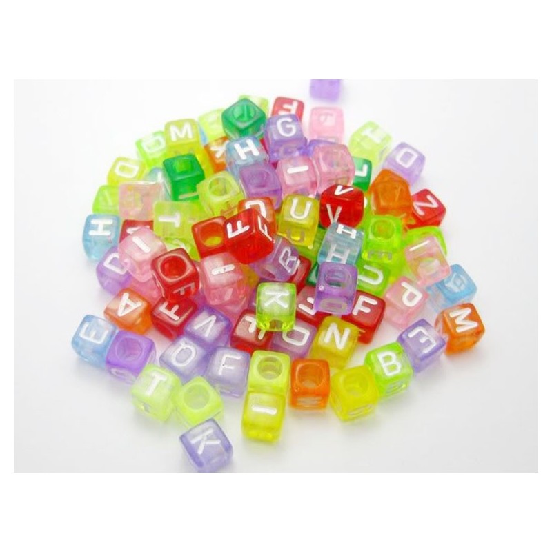 50 perles alphabet en plastique transparent, cube 6mm, lettres aléatoires, trou de 3mm - Multicouleur