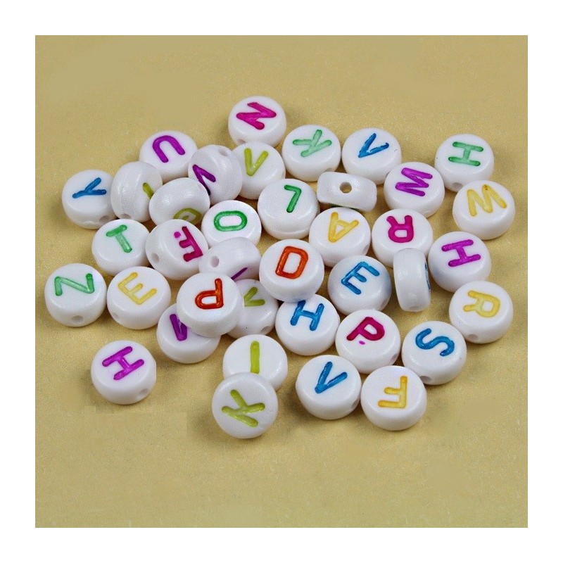 Lot de 100 perles alphabet acryliques blanches 7x4mm avec lettres aléatoires - idéales pour bijoux DIY - tro