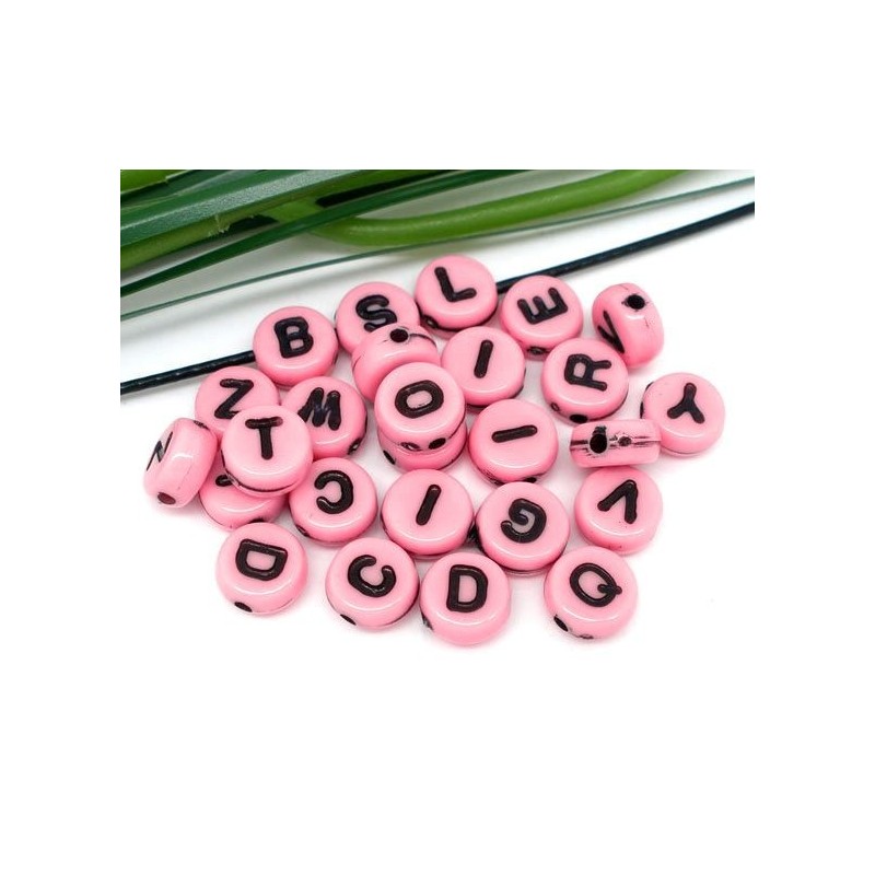 Lot de 100 ou 200 perles acryliques roses alphabet rondes 7mm avec lettres aléatoires - Trou de 1mm