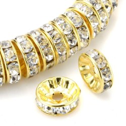 Lot de 20 perles rondelles dorées 8mm avec strass transparents - idéales pour bijoux - métal de qualité su