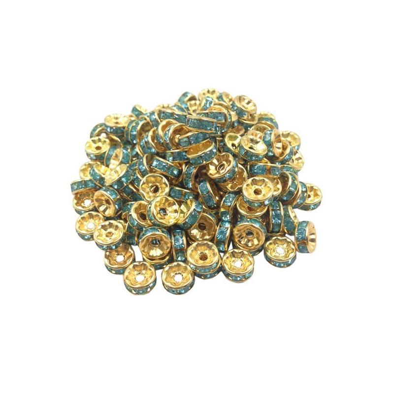 Lot de 20 perles rondelles dorées avec strass turquoise - 8mm - idéales pour bijoux - métal de qualité sup