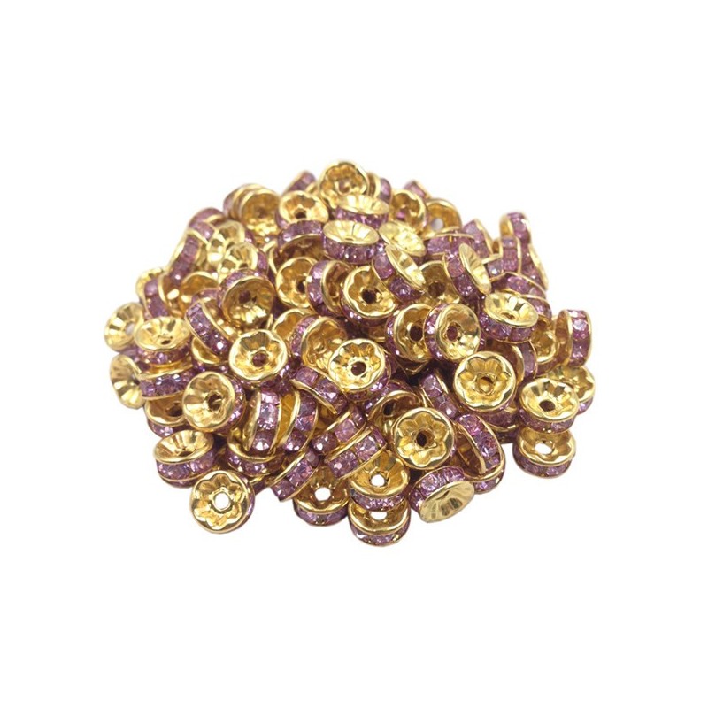 Lot de 20 perles rondelles dorées 8mm avec strass parme - idéales pour bijoux - en métal de qualité supér