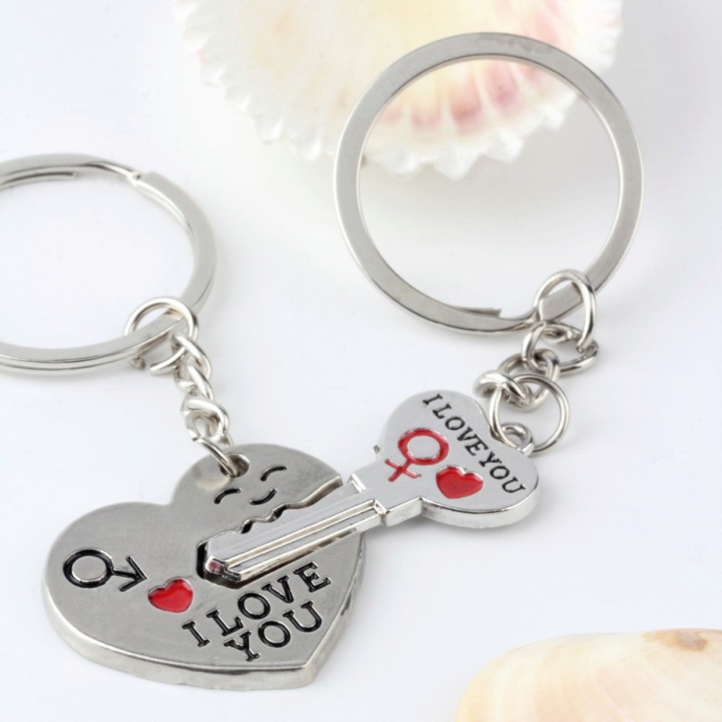 Porte-clés en métal argenté en forme de cœur pour couple avec inscription I love you - lot de 2, 90mm de l