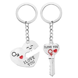 Porte-clés en métal argenté en forme de cœur pour couple avec inscription I love you - lot de 2, 90mm de l