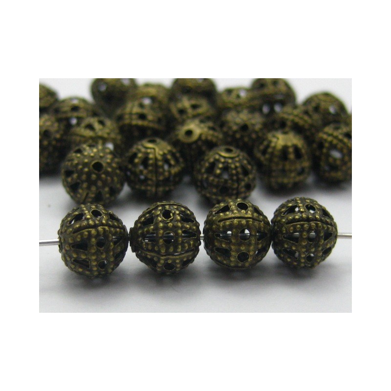 Lot de 10 perles rondes en métal filigrane bronze de 8mm avec trou de 1mm - idéales pour vos créations de b