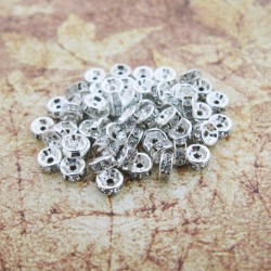 Lot de 10 intercalaires argentés en strass de 6mm avec perles rondelles - trou de 1,6mm inclus