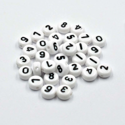 Lot de 50/100/200 perles chiffre aléatoire en acrylique blanc avec écriture noire - 7mm x 4mm - trou de 1mm
