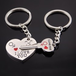 Porte-clés Couple en Métal Argenté avec Cœur et Clé I Love You - Lot de 2, Longueur 8cm