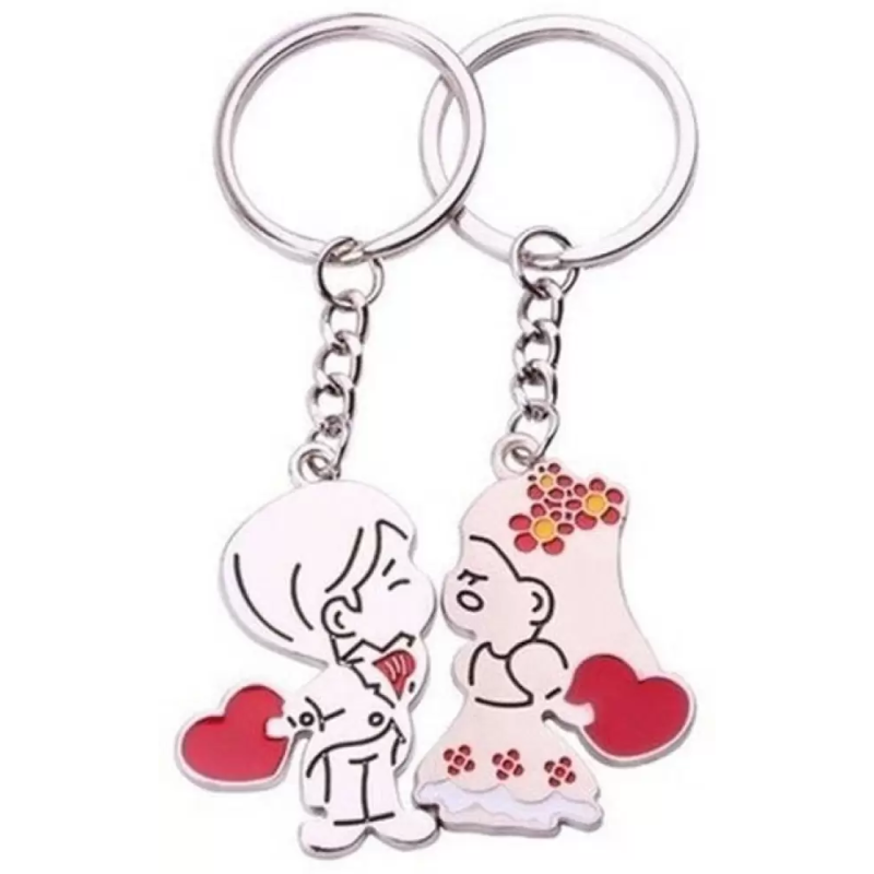 Porte-clés Couple en Métal Argenté avec Cœur - Lot de 2 - Longueur 9.5cm