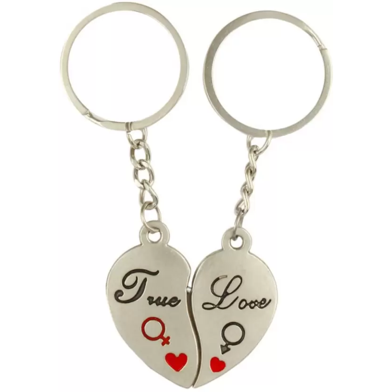 Porte-clés en métal argenté True Love en forme de demi-cœur aimanté - lot de 2 pour couple - 9.5cm de lon