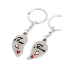 Porte-clés en métal argenté True Love en forme de demi-cœur aimanté - lot de 2 pour couple - 9.5cm de lon