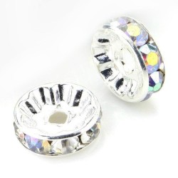 Lot de 20 perles rondelles 10mm en métal argenté avec strass effet arc-en-ciel - trou de 2mm