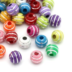 Lot de 20 perles acryliques rayées de 7mm - couleurs mixtes, trou de 2mm inclus.