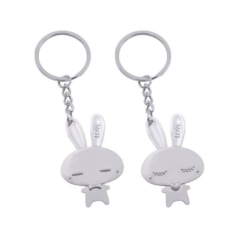 Porte-clés en métal argenté avec 2 lapins Love - Ensemble de 2 porte-clés pour couple (9,5 cm)