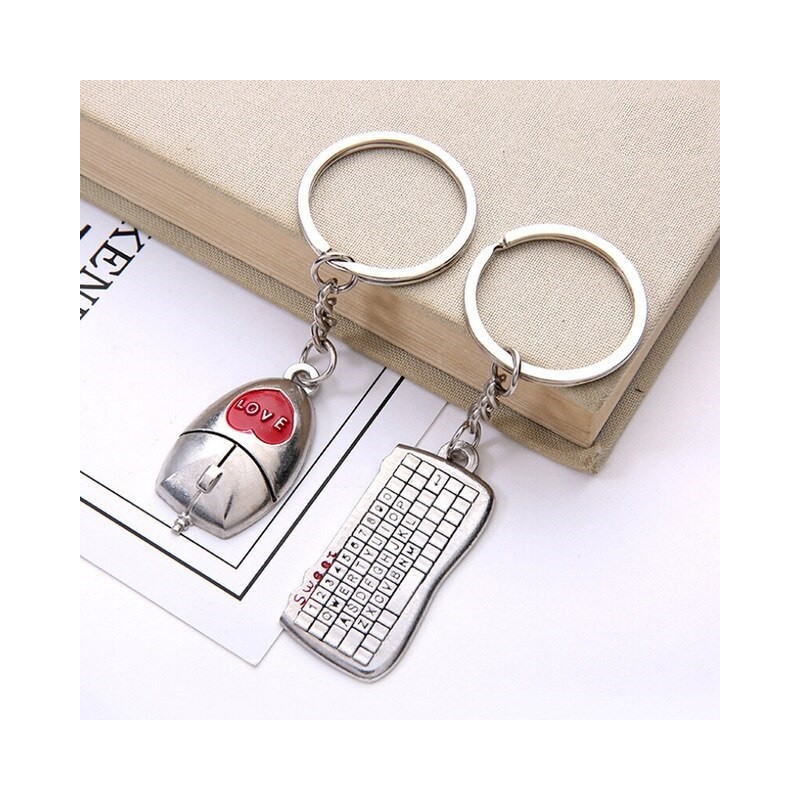Porte-clés couple en métal argenté avec clavier et souris - 2 pièces, 10cm de longueur