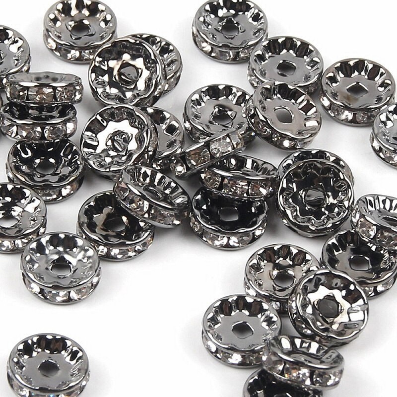 Lot de 20 perles rondelles 10mm en métal gunblack avec strass transparent - trou de 2mm