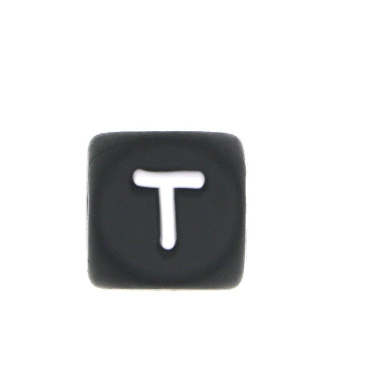 Perles en silicone noir avec lettres alphabet 12mm et trou de 2mm - Quantité 1 pièce