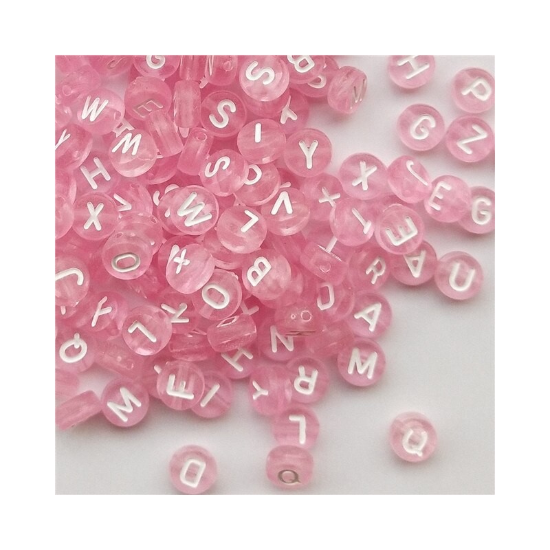 Lot de 100/200 perles acryliques alphabet rose transparent 7x4mm avec écriture blanche - choix de quantité