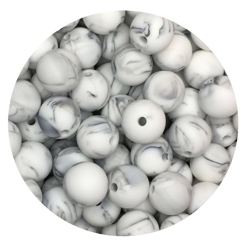 Lot de 5 perles en silicone marbré gris de 15mm avec trou de 2mm - idéales pour vos créations !
