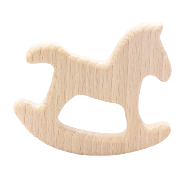 Anneau de dentition en bois naturel pour bébé - Cheval à bascule - 70x65mm - épaisseur 10mm