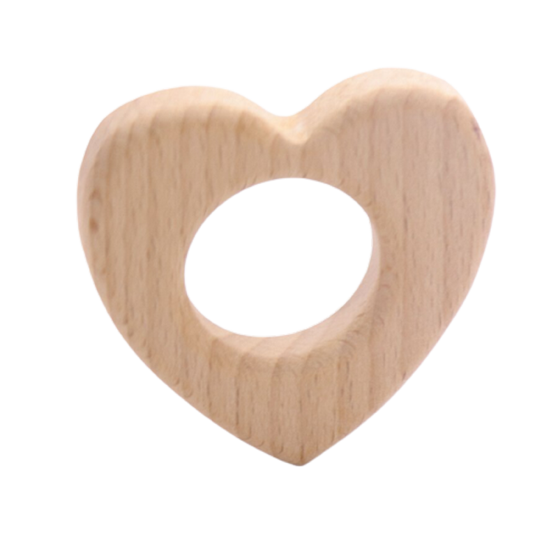 Anneau de dentition en bois naturel en forme de cœur - 50mm x 50mm, avec un trou de 25mm - épaisseur de 10mm