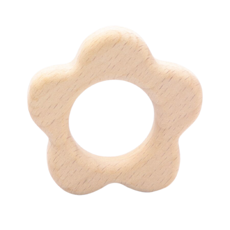 Anneau de dentition en bois naturel de 50mm x 50mm avec fleur gravée - idéal pour bébé - 25mm de trou - é