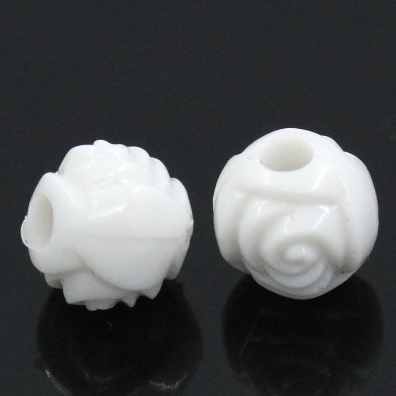 Lot de 50 perles acryliques blanches en forme de fleur ronde - 6mm, trou 2mm - idéal pour bijoux créatifs.